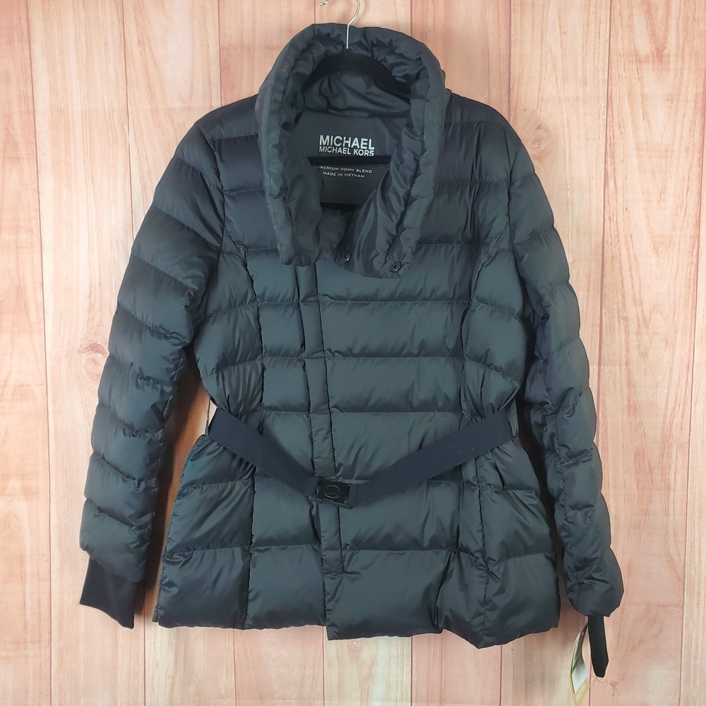 Michael Kors Asymmetrical Puffer Jacket Mens Large Black Quilted Packable Buckle